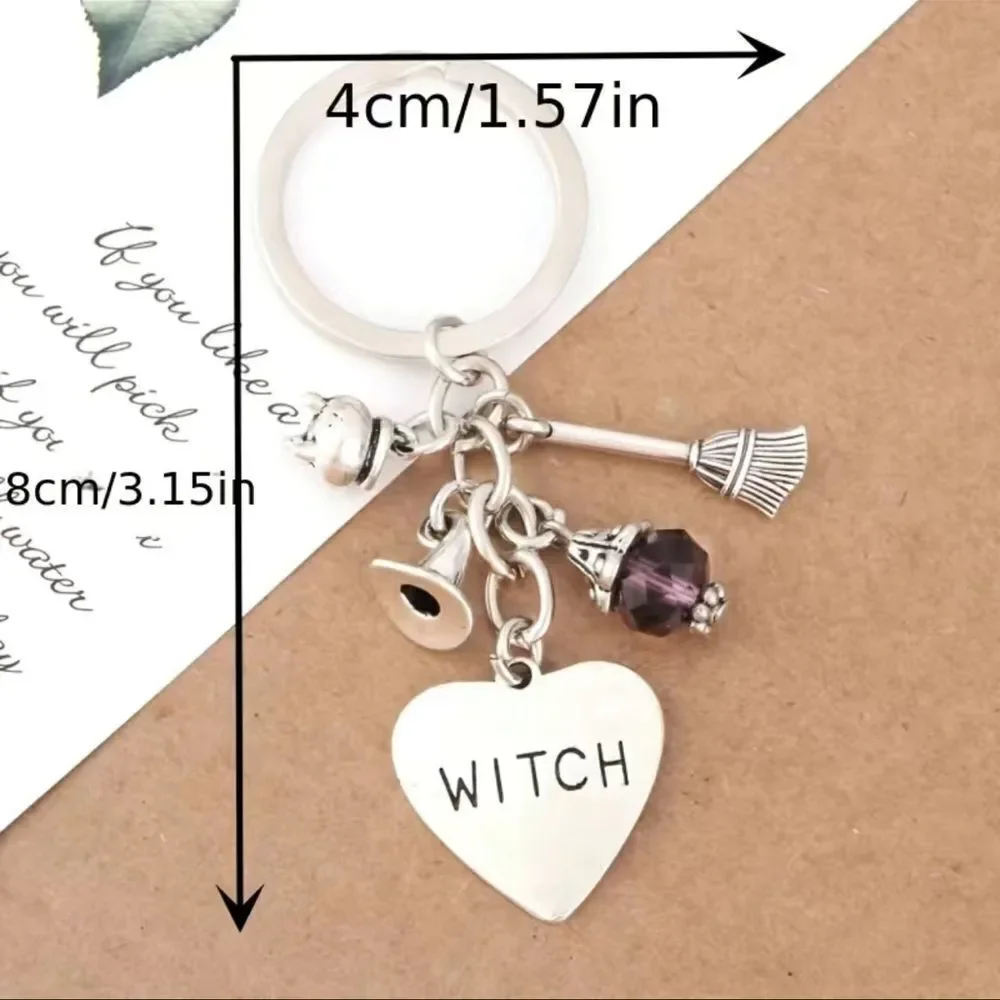 Witch, Keychain with cauldron broom, witch hat, purple beaded, glass, crystal